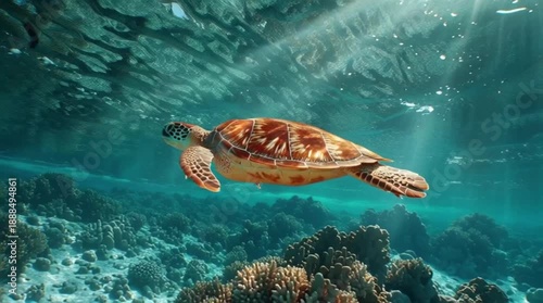 Sea turtle swims gracefully underwater near coral reef, sunlight filtering through waves from above the surface, video footage.