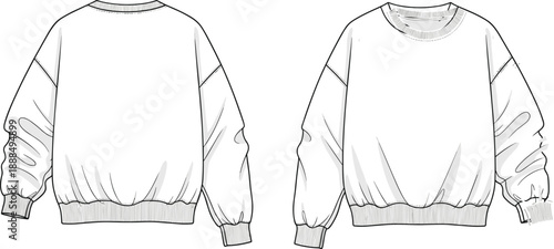 Sweatshirt technical fashion sketch, crew neckline, dropped shoulder seams, ribbed cuffs and hem, relaxed fit, front and back views