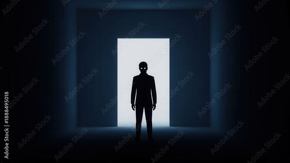 Fototapeta premium Enigmatic figure stands against a brilliant doorway in a shadowy, futuristic environment