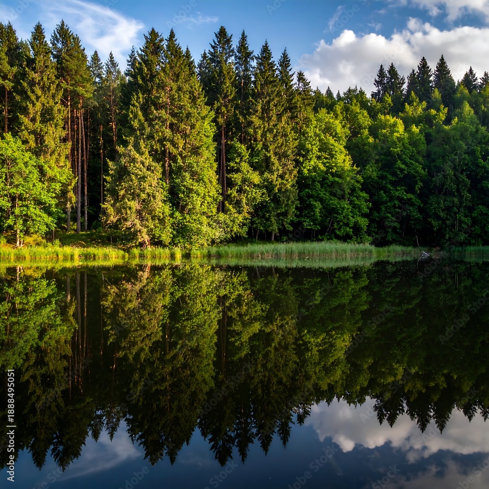Fototapeta premium Serene lake reflection of tall trees under a cloudy sky, tranquil scene with dense woods mirrored in still waters