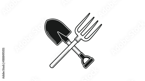 Crossed gardening tools a shovel and fork in black silhouette