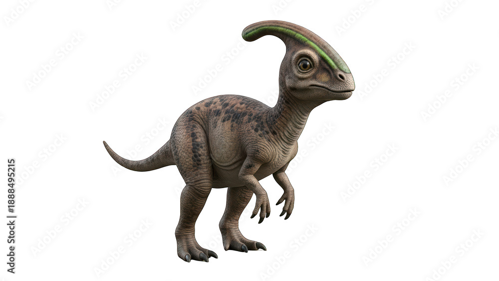 Obraz premium A brown dinosaur with a distinctive green and red crest on its head stands on a transparent