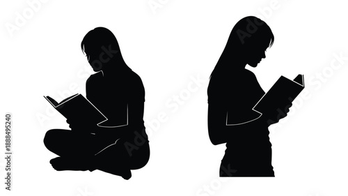 Two women reading books in different poses a striking silhouette
