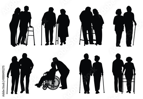 old couple silhouettes illustration set