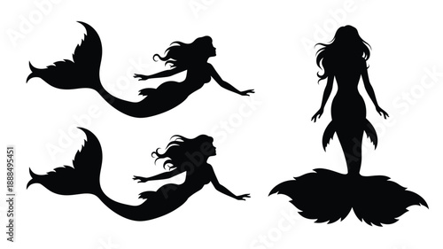 Black mermaid figures in dynamic poses a striking silhouette