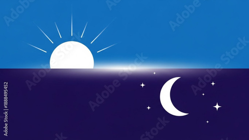 Sun and Moon Together in Day and Night Sky with Stars