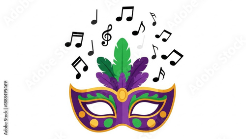 Mardi Gras Mask with Musical Notes and Feather on White Background