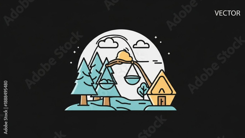 Vector Illustration of House and Trees under Full Moon at Night