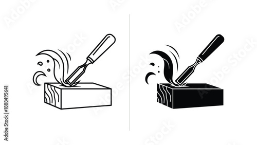 Carving tool in action on wooden block