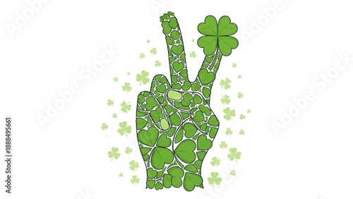 Green Hand Gesture Peace Sign with Shamrocks St. Patricks Day Illustration