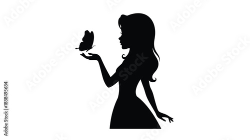 A woman gently holds a butterfly captured in striking black silhouette