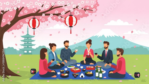 Group of Friends Having Picnic under Cherry Blossom Tree during Spring