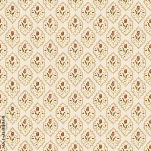 Elegant vintage floral damask seamless pattern in warm beige and gold tones, perfect for wallpaper, fabric prints, home décor, wrapping paper, and backgrounds