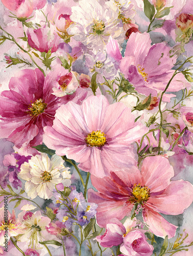 Hand-painted watercolor floral illustration of pink cosmos, poppy, and foxglove, arranged in a dense full-frame composition, soft pink tones, botanical style, no empty space.
