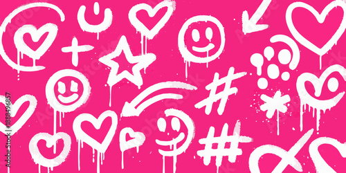 Pink background with white graffiti style doodles and dripping paint effects