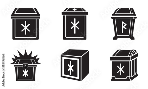 Set of ancient chests and treasure boxes, some adorned with runes and stars, suggesting mystery.