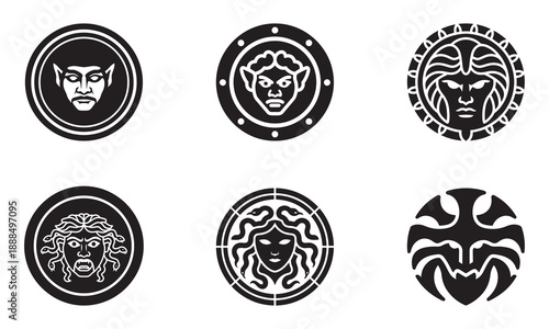 Mythological faces including Gorgons and a vampire-like figure, presented as circular emblems.
