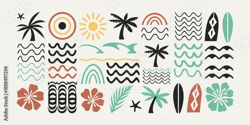 A colorful collection of tropical and summer themed hand drawn illustrations