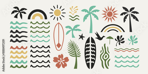 A colorful collection of tropical elements including suns waves and palm trees