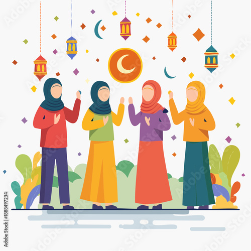 Simple flat vector illustration of Muslim community celebrating Eid al Fitr with modest hijab clothing