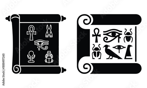 Ancient Egyptian hieroglyphs on scrolls, including the Ankh, Eye of Horus, and scarab beetle.