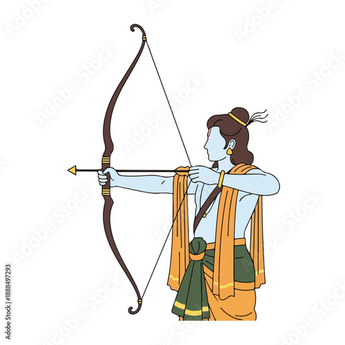 Depiction of a Hindu deity with bow drawing a shot