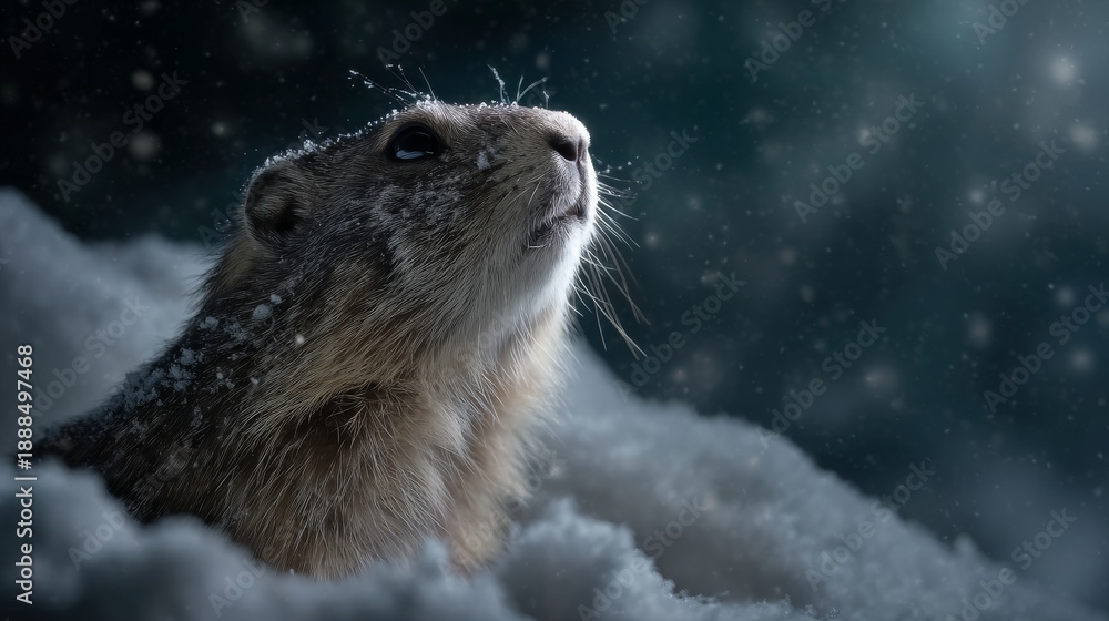 Obraz premium Groundhog looks up at snowfall on a winter day marmot in the snow