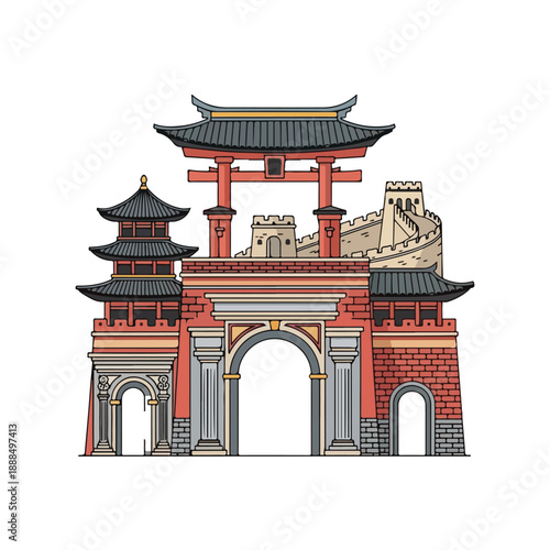 Asian Gateway Arch and Wall Fortress Complex
