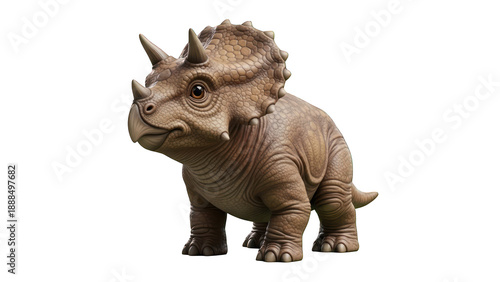 A brown toy triceratops dinosaur standing on a transparent background.