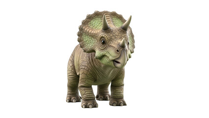 A green triceratops toy dinosaur standing on a transparent background.