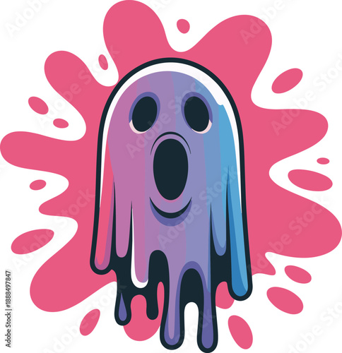 Cute melting ghost mascot logo, purple gradient phantom character with pink splash, spooky halloween vector illustration for stickers and branding.