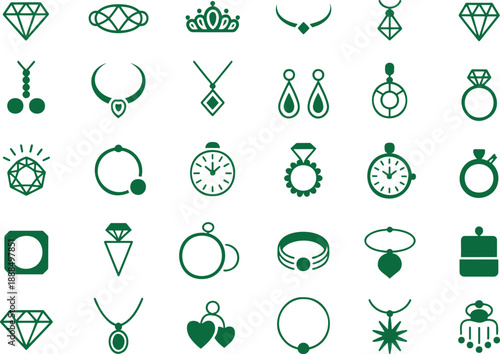 A grid display of green outline icons showcasing various luxurious jewelry pieces and precious accessories