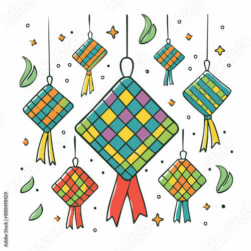 Eid al Fitr doodle icon collection with ketupat patterns, Islamic ornaments, colorful flat vector