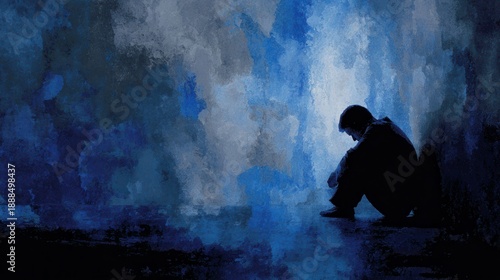 Solitude and Reflection: A figure, cloaked in the shadows, sits with knees drawn up, engulfed in somber reflection against a backdrop of brooding blues.