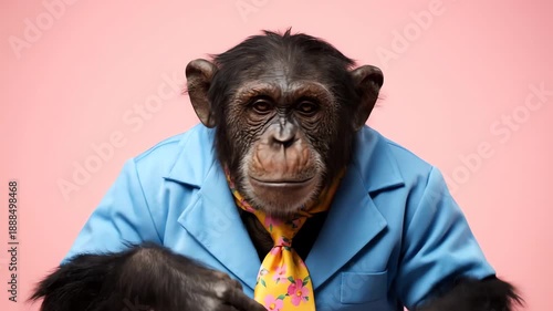 Chimpanzee Wearing a Blue Shirt and Floral Tie Yells Then Thinks in Front of a Pink Studio Background