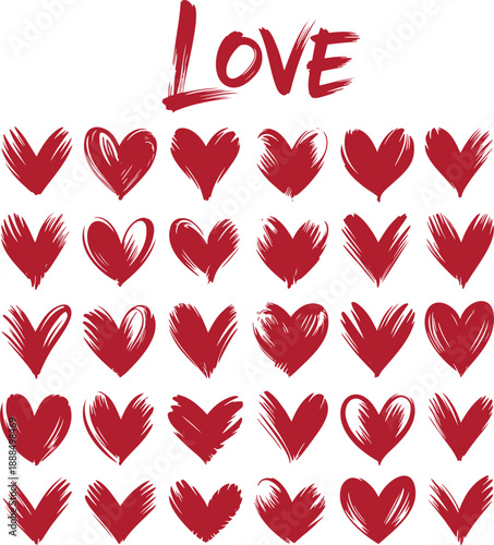 A large collection of many red scribbled heart shapes with a textured brush stroke appearance