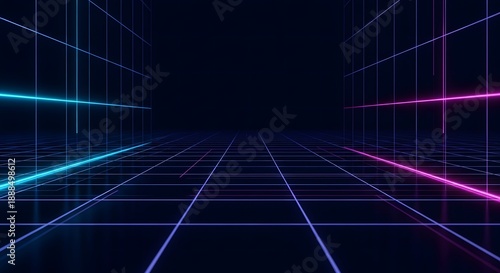 Futuristic digital grid background with neon lines creating a path in a virtual space