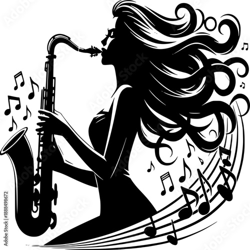 Silhouette Serenade: A graceful silhouette of a woman plays the saxophone, her music notes create an image of harmony and rhythm. 