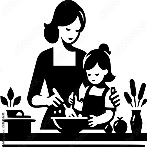 Cooking with Mom: A heartwarming scene where a mother and her daughter engage in the act of cooking together, symbolizing love and togetherness. 