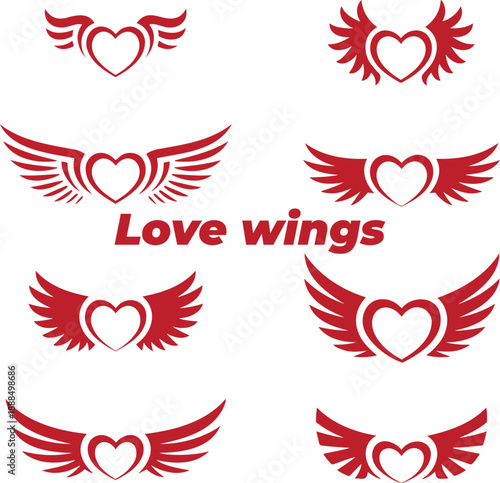 A collection of red heart with wings symbols representing passion, freedom, and flying love