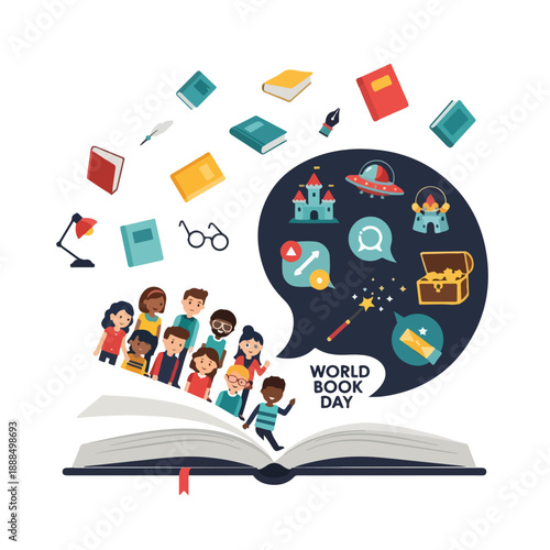 World Book Day Celebration with Open Book and Diverse Group