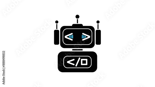 Black robot icon with code symbols on screen.