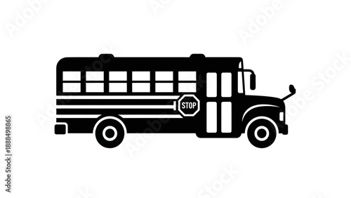 Black silhouette of a classic school bus with stop sign.