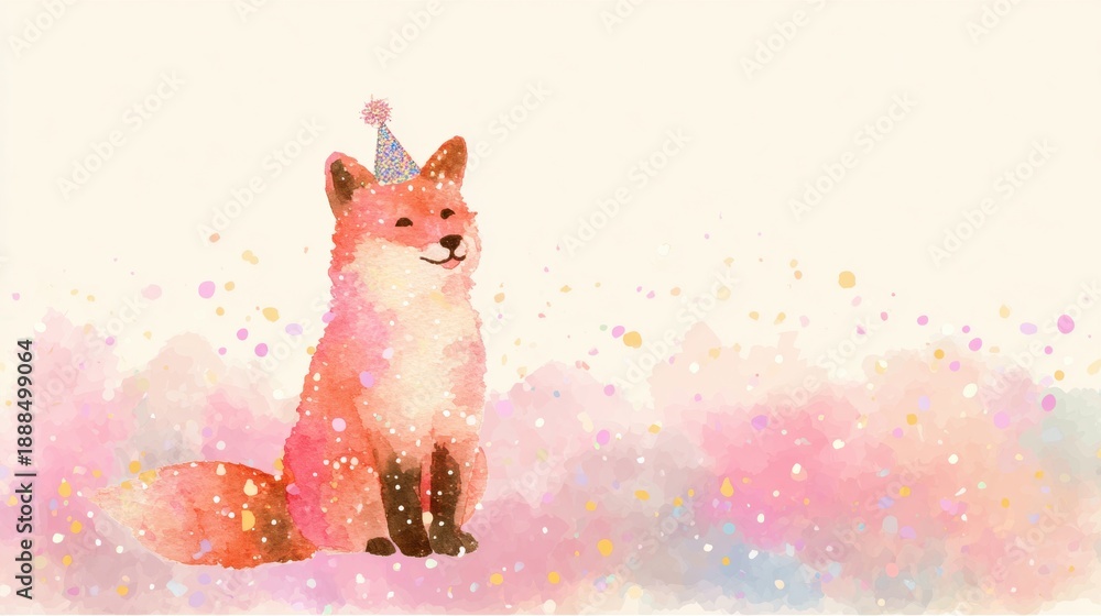 Fototapeta premium Fox wearing a party hat sitting in a colorful background with confetti