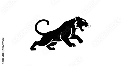 Black Panther Silhouette Roaring Aggressively on White Background.