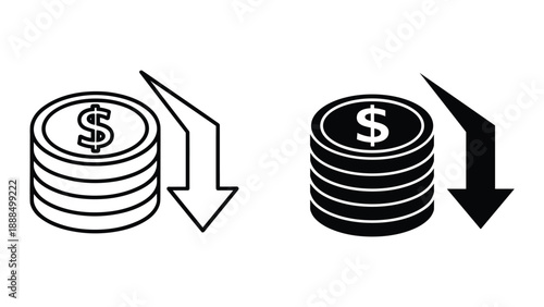 Decrease in dollar stacks with arrow down