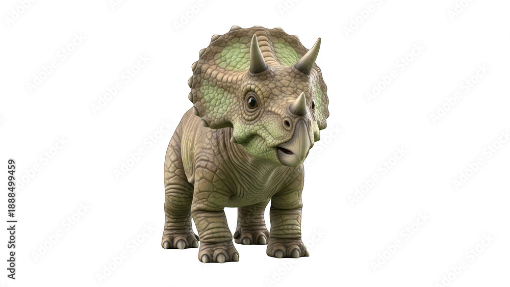 Fototapeta premium A green triceratops toy dinosaur standing on a transparent background.