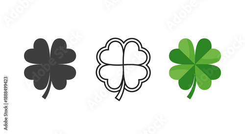 Three different styles of four-leaf clover icons, representing luck and nature.