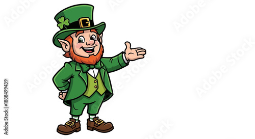 A cheerful leprechaun in a green suit and hat, with a shamrock, gesturing welcomingly.