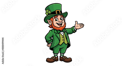 A cartoon leprechaun in a green suit and hat with a shamrock, gesturing with his hand.